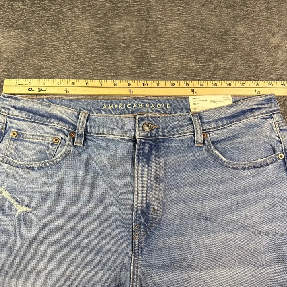 American Eagle 90s Low-Rise Skinny Kick Jeans Dream Blue Split Hem 18 34W NEW